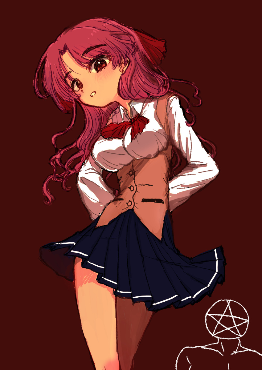 1boy 1girl absurdres amaai39 arms_behind_back black_skirt blush breasts brown_background collared_shirt commentary_request feet_out_of_frame hair_ribbon highres long_hair long_sleeves looking_at_viewer medium_breasts neck_ribbon object_head parted_lips pentagram pink_hair pleated_skirt red_eyes red_ribbon ribbon sayonara_wo_oshiete shirt simple_background sketch skirt ueno_koyori underbust vest wavy_hair white_shirt