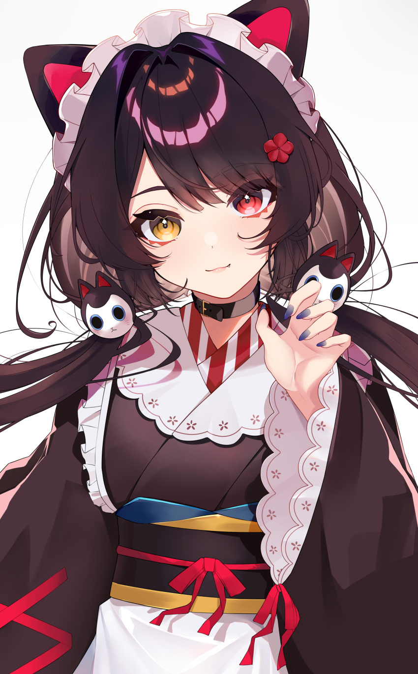 1girl absurdres animal_ears black_collar blue_nails brown_hair brown_kimono closed_mouth collar fang fingernails flower hair_flower hair_ornament hand_up heterochromia highres inui_toko japanese_clothes kimono long_hair long_sleeves looking_at_viewer low_twintails maid_headdress nail_polish nijisanji obi obiage obijime red_eyes red_flower red_ribbon ribbon sash smile solo swept_bangs twintails upper_body virtual_youtuber wide_sleeves xiaoyu_chiaki yellow_eyes