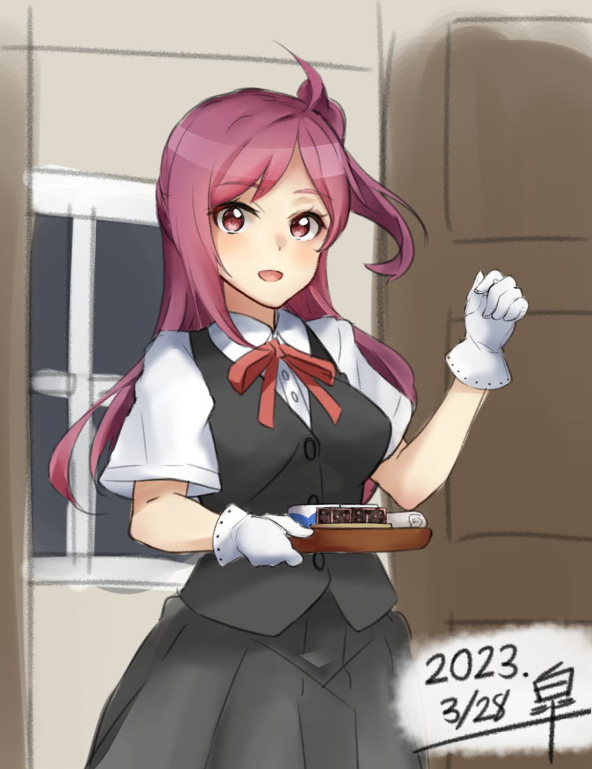 1girl ahoge black_skirt black_vest collared_shirt commentary_request dated door dress_shirt gloves hagikaze_(kancolle) highres kantai_collection long_hair looking_at_viewer neck_ribbon one-hour_drawing_challenge one_side_up ourah_ikuzus pleated_skirt purple_hair red_eyes red_ribbon ribbon school_uniform shirt skirt solo tray vest white_gloves white_shirt
