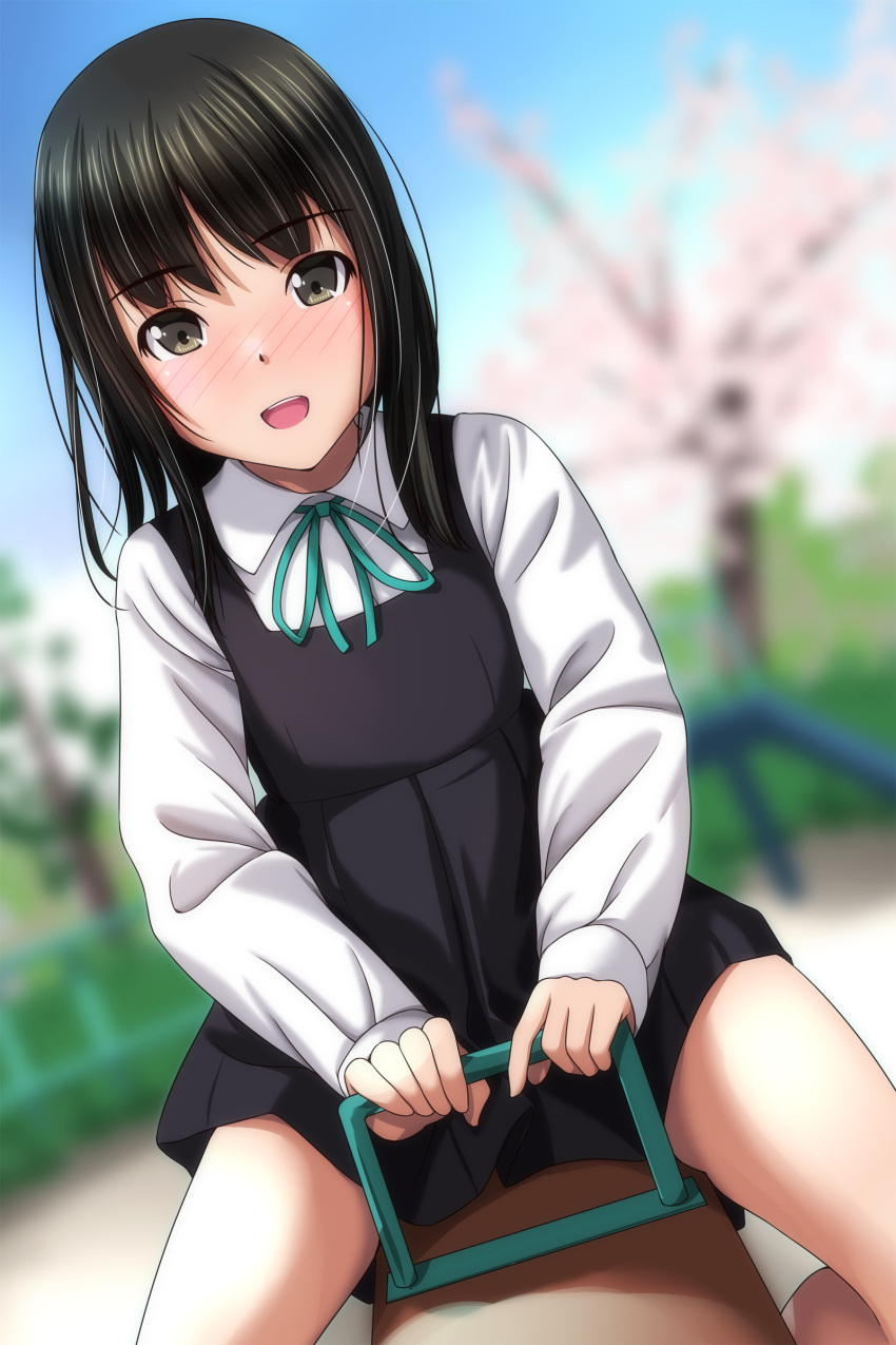 1girl :d absurdres black_dress black_hair blue_ribbon blurry blurry_background blush brown_eyes collared_shirt commentary_request day depth_of_field dress dutch_angle flower highres long_sleeves looking_at_viewer matsunaga_kouyou neck_ribbon nose_blush original outdoors pinafore_dress pink_flower pleated_dress ribbon school_uniform seesaw shirt sitting sleeveless sleeveless_dress slide smile solo straddling tree white_shirt