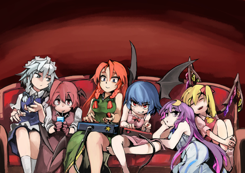 6+girls :/ :d :o =_= adapted_costume ahoge alternate_costume ascot bare_shoulders barefoot bat_wings black_bow blonde_hair blue_dress blue_eyes blue_hair bow bowed_wings braid breasts brown_gloves brown_skirt brown_vest chestnut_mouth collared_shirt commentary_request controller couch crescent crescent_hair_ornament crossed_legs dot_nose dress dress_shirt drinking drinking_straw embodiment_of_scarlet_devil fangs flandre_scarlet game_controller gloves green_bow green_dress green_eyes grey_hair grin hair_between_eyes hair_bow hair_ornament hair_ribbon hand_on_own_chin head_rest head_wings hong_meiling hugging_own_legs izayoi_sakuya joystick juice_box koakuma long_hair looking_at_another looking_at_viewer low_wings maid maid_headdress medium_breasts multiple_girls no_headwear no_nose patchouli_knowledge pink_dress playing_games purple_hair red_background red_bow red_eyes redhead remilia_scarlet ribbon rightorisamraido3 shirt short_hair side_ponytail side_slit sidelocks simple_background sitting skirt skirt_set smile socks star_(symbol) striped striped_dress sweatdrop touhou tress_ribbon twin_braids v-shaped_eyebrows vertical-striped_dress vertical_stripes very_long_hair vest violet_eyes white_shirt white_socks wings yellow_ascot