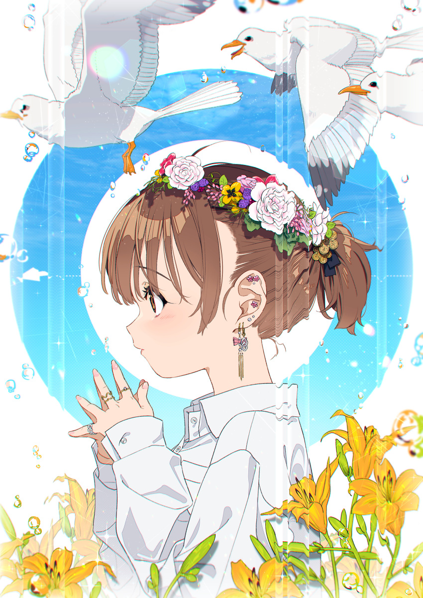 1girl absurdres animal bird brown_eyes brown_hair buttons collared_shirt earrings flower from_side goshichi_shoji hair_flower hair_ornament hands_up head_wreath highres jewelry long_sleeves looking_away multiple_rings original own_hands_together parted_lips pink_flower ring shirt short_hair short_ponytail solo steepled_fingers upper_body water_drop white_shirt yellow_flower