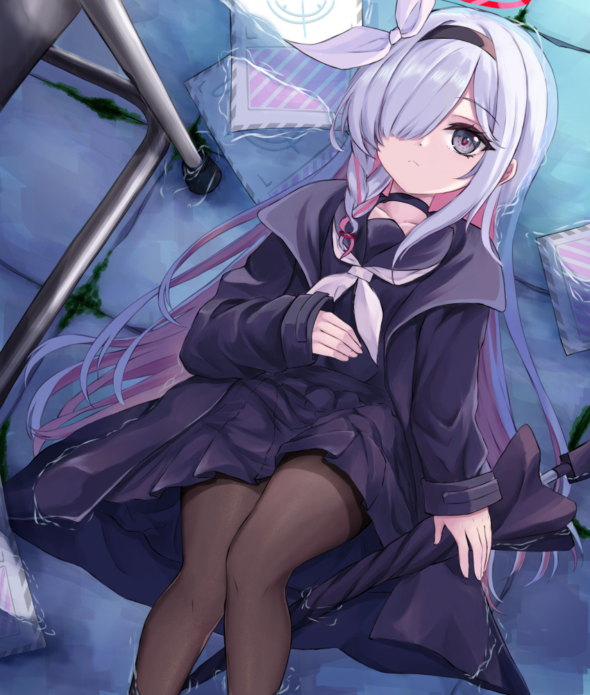 1girl a.r.o.n.a_(blue_archive) absurdres black_coat black_pantyhose black_shirt black_skirt blue_archive blue_eyes bow choker coat desk expressionless hair_bow hair_over_one_eye hairband highres long_hair lying on_back on_floor pantyhose partially_submerged ribbon school_uniform serafuku shirt skirt solo thighs umbrella water white_hair zekens_(dnvt2447)