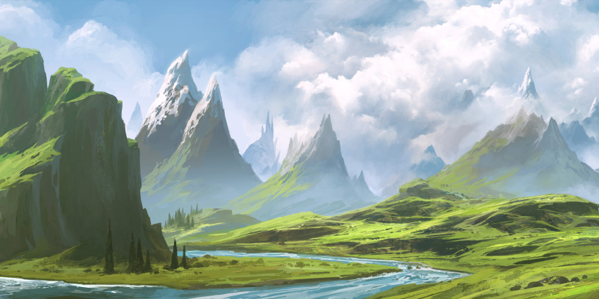 andreas_rocha clouds cloudy_sky day grass highres mountain mountainous_horizon original outdoors river scenery sky water