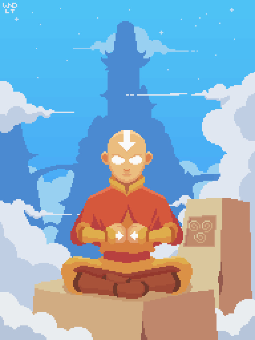 1boy aang absurdres animated animated_gif avatar:_the_last_airbender avatar_legends bald blue_sky breathing bright_pupils brown_footwear clouds day highres male_focus meditation outdoors own_hands_together robe silhouette sitting sky solo white_pupils wind wind_light