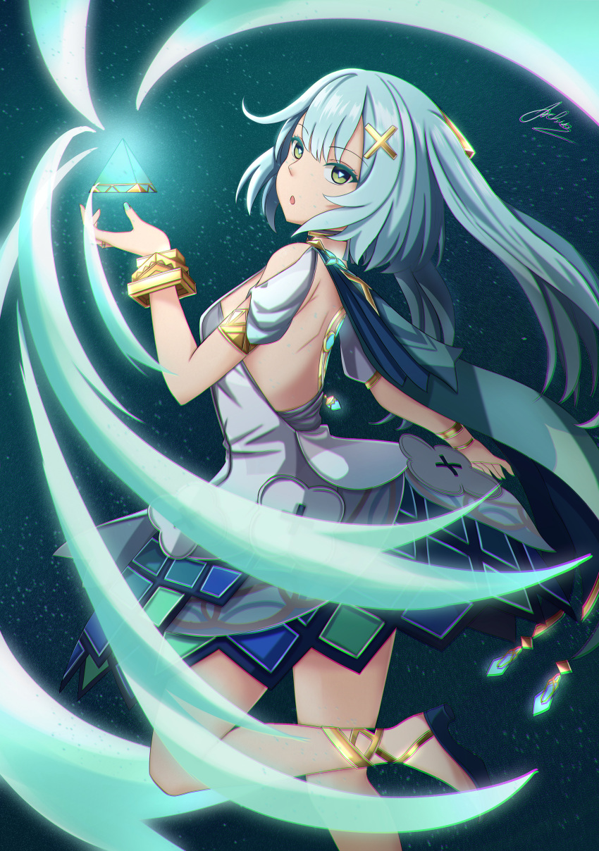 1girl absurdres aoikito_lavender086 aqua_hair bare_back black_background bracelet commentary detached_sleeves faruzan_(genshin_impact) from_side genshin_impact gladiator_sandals green_eyes hair_between_eyes hair_ornament head_tilt highres jewelry long_hair looking_at_viewer looking_to_the_side neck_ring parted_lips pyramid_(geometry) sandals short_sleeves shoulder_blades sidelocks simple_background solo standing standing_on_one_leg symbol-shaped_pupils triangle-shaped_pupils twintails wind x_hair_ornament