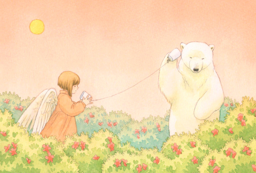 1girl angel_wings bear brown_hair bush dress flower highres medium_hair orange_dress original pink_sky polar_bear red_flower shiroiame_yuki string_phone sun wings