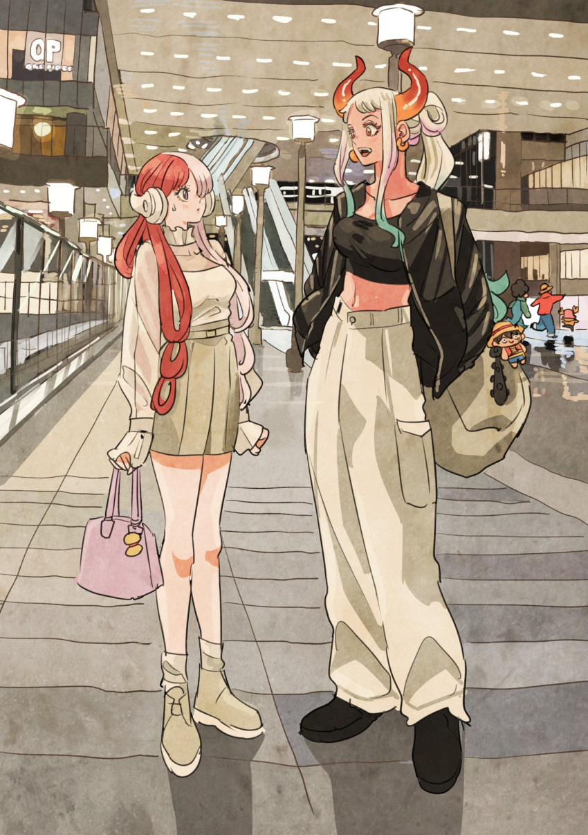 2girls 3boys alternate_costume alternate_hairstyle aqua_hair asymmetrical_hair bag black_footwear black_jacket black_shirt blush breasts brown_skirt casual ceiling_light character_doll club_(weapon) collar commentary contemporary crop_top cropped_shirt escalator fashion frilled_collar frills full_body gradient_hair grey_pants hair_over_one_eye hair_rings handbag headphones highres horns indoors jacket kanabou long_hair looking_at_another mall medium_breasts miniskirt monkey_d._luffy multicolored_hair multiple_boys multiple_girls navel one_piece oni_horns open_clothes open_jacket open_mouth orange_eyes pants pink_hair pleated_skirt ponytail redhead see-through see-through_sleeves shirt shoes shoulder_bag sidelocks skirt sleeves_past_wrists smile socks standing stomach sweatdrop takeuchi_ryousuke tony_tony_chopper twintails two-tone_hair usopp uta_(one_piece) violet_eyes weapon white_hair white_shirt yamato_(one_piece)