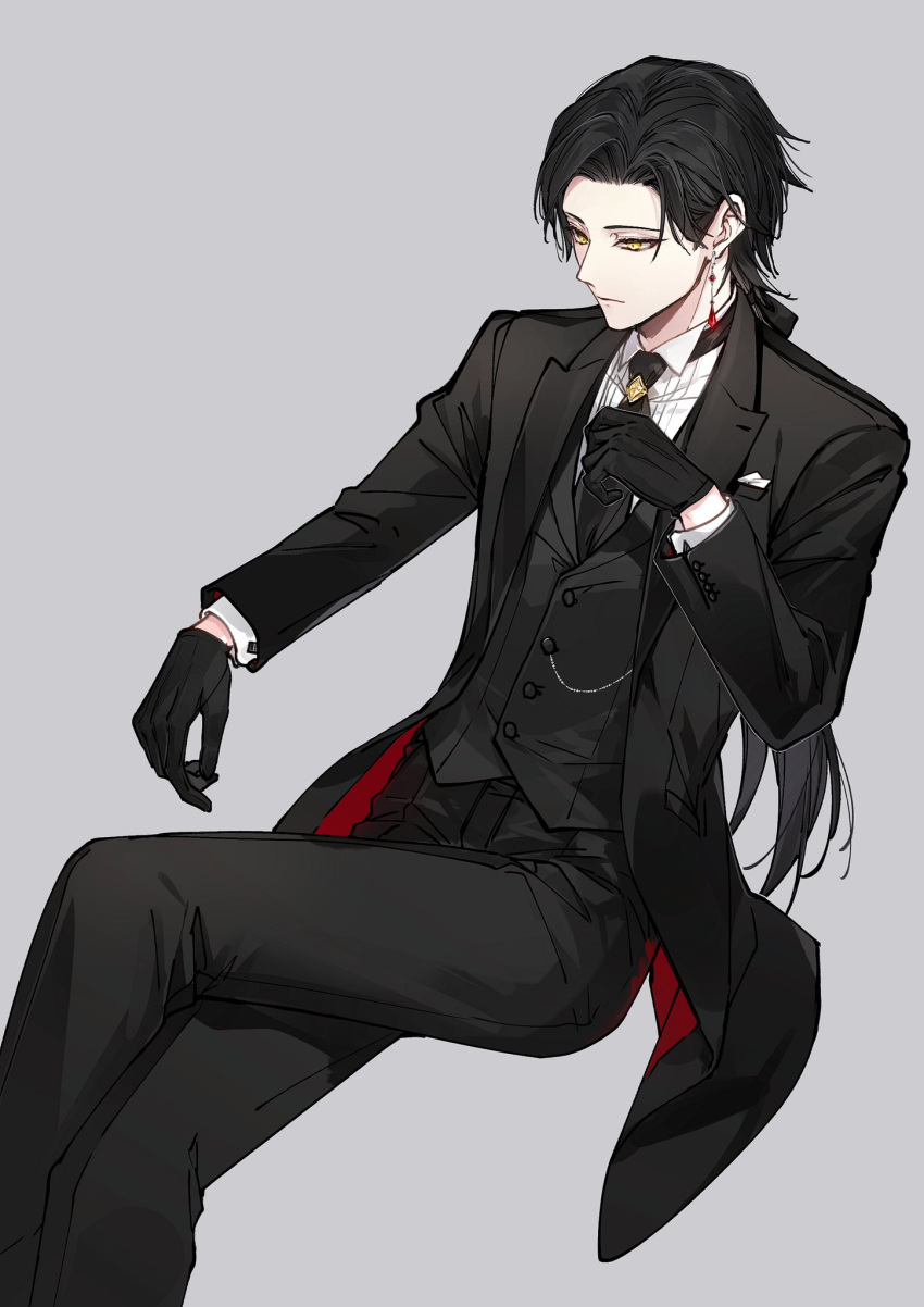 1boy black_gloves black_hair black_jacket black_necktie black_pants black_vest brown_eyes closed_mouth commentary_request crossed_legs earrings formal from_above gloves highres jacket jewelry long_hair looking_away male_focus mochizuki_shiina necktie open_clothes open_jacket original pants parted_bangs sitting solo suit very_long_hair vest