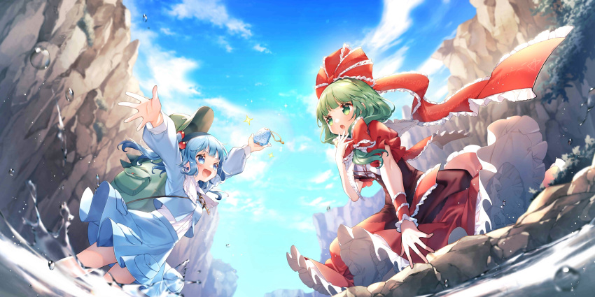 2girls :d :o arm_ribbon arms_up backpack bag blue_hair blue_skirt blue_sky bow cabbie_hat cliff clouds collared_shirt dress frilled_ribbon frills front_ponytail green_bag green_eyes green_hair green_headwear hair_bobbles hair_bow hair_ornament hair_ribbon hand_up hat highres holding kagiyama_hina kawashiro_nitori key long_hair long_sleeves mizumori_(xcllcx) multiple_girls non-web_source official_art open_mouth outdoors petticoat puffy_short_sleeves puffy_sleeves red_dress ribbon shirt short_sleeves skirt sky smile sparkle splashing touhou touhou_lost_word undershirt wading water water_drop white_shirt