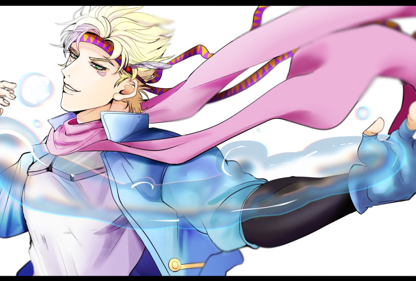1boy 418monami battle_tendency blonde_hair blue_jacket bubble caesar_anthonio_zeppeli facial_mark feather_hair_ornament feathers fingerless_gloves gloves green_eyes hair_ornament headband highres hydrokinesis jacket jojo_no_kimyou_na_bouken letterboxed male_focus pink_scarf scarf solo triangle_print water