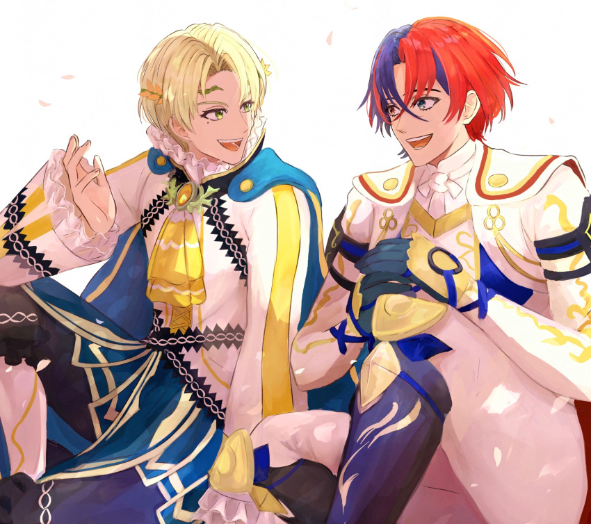 2boys alear_(fire_emblem) alear_(male)_(fire_emblem) alfred_(fire_emblem) ascot blonde_hair cape fire_emblem fire_emblem_engage gloves green_eyes hair_ornament heterochromia highres kino40346033 long_sleeves looking_at_another male_focus multicolored_hair multiple_boys open_mouth short_hair sitting smile white_background