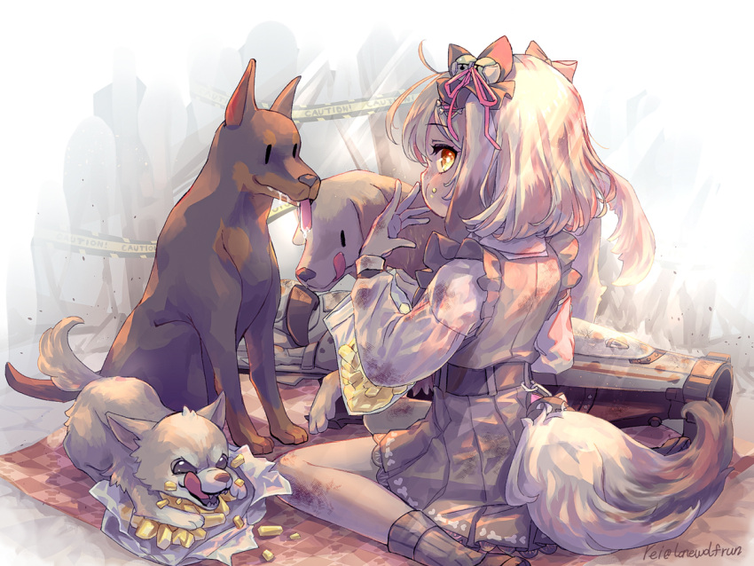 1girl 3others ahoge animal_ears arm_up bag bell belt biscuit_(nikke) black_dress black_socks blanket bone_hair_ornament caution_tape dirt dirty dirty_clothes dirty_hands dog dog_ears dog_girl dog_tail dress dress_shirt eating fangs frilled_dress frills from_behind goddess_of_victory:_nikke hair_bell hair_ornament hair_ribbon heart heart_hair_ornament holding holding_bag light_brown_hair loafers lonewolfrun looking_at_viewer looking_back medium_hair multiple_others picnic plastic_bag pleated_dress puffy_sleeves ribbon rocket_launcher shirt shoes sitting socks tail twitter_username wariza weapon yellow_eyes