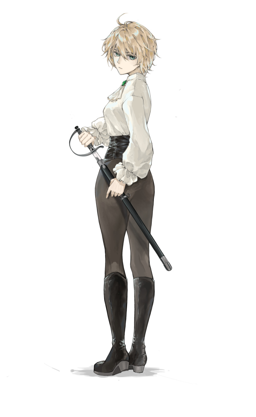 1girl absurdres black_footwear blonde_hair boots brown_pants chinese_commentary commentary_request full_body gem green_eyes green_gemstone highres holding holding_sheath looking_at_viewer looking_back lord_of_the_mysteries necktie pants sheath shirt short_hair simple_background solo sword weapon white_background white_necktie white_shirt xio_derecha zhouliang48183