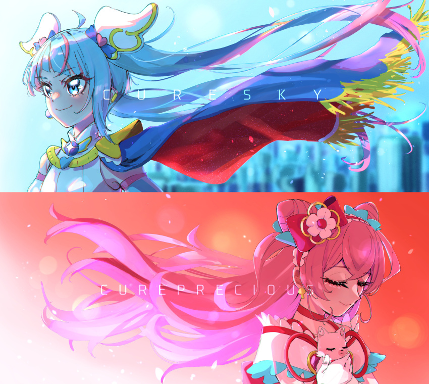 2girls absurdres ahoge blue_cape blue_eyes blue_hair bow brooch cape character_name choker closed_eyes closed_mouth commentary cone_hair_bun cure_precious cure_sky cut_bangs delicious_party_precure dress earclip earrings facing_to_the_side frilled_hairband frills gloves hair_bow hair_bun hairband heart_brooch highres hirogaru_sky!_precure jewelry kome-kome_(precure) long_hair looking_to_the_side magical_girl multicolored_hair multiple_girls nagomi_yui off-shoulder_dress off_shoulder pink_hair precure red_bow red_cape red_choker series_connection single_sidelock smile sora_harewataru streaked_hair tsukuda_hayato twintails two-sided_cape two-sided_fabric two_side_up white_gloves wind wing_hair_ornament