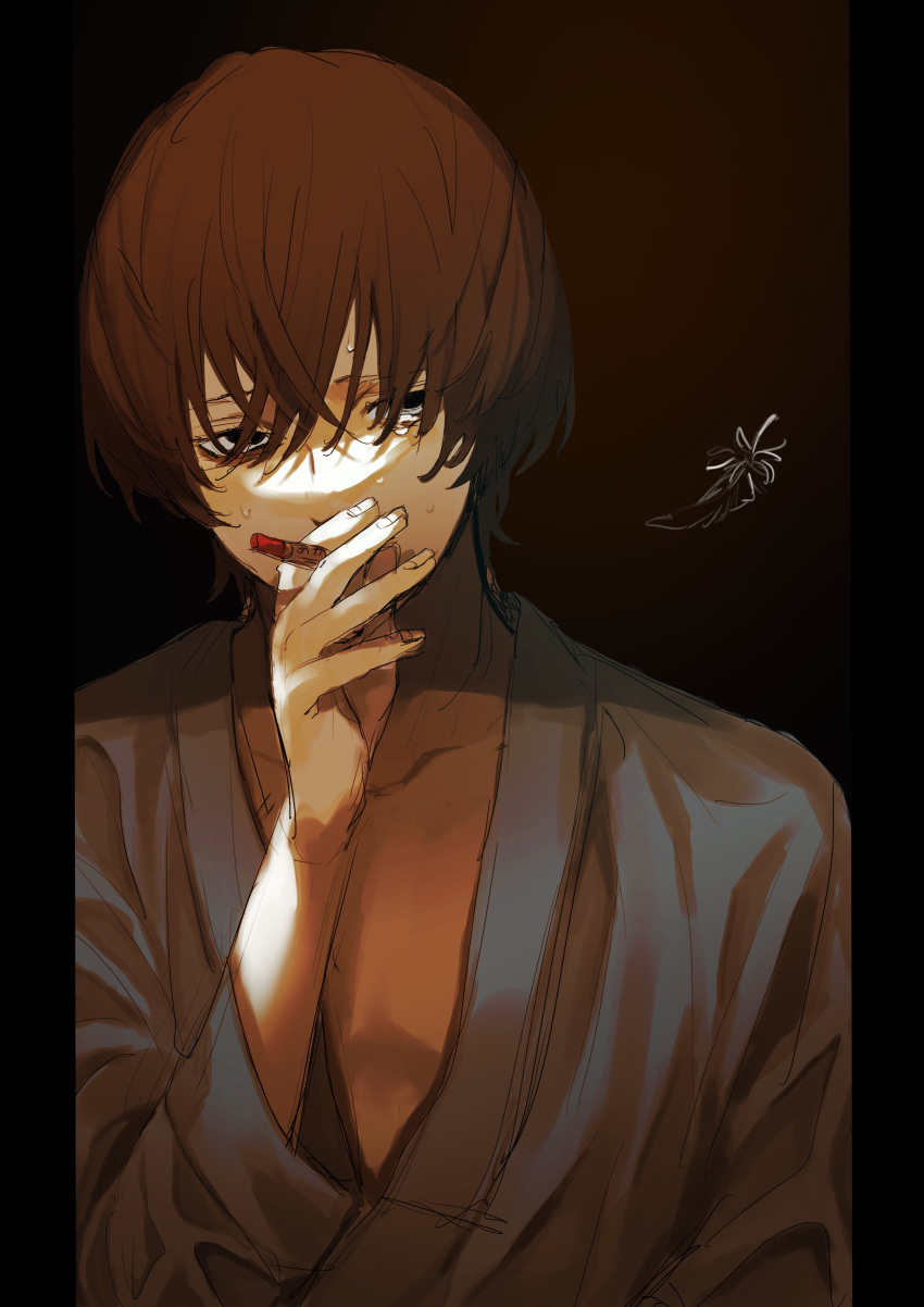 1boy absurdres black_eyes brown_hair cigarette dark_background edamameko210 feathers hair_over_eyes highres hitomi_hirosuke_(sayonara_wo_oshiete) holding holding_cigarette looking_at_viewer male_focus robe sayonara_wo_oshiete short_hair sketch smoking solo straight-on sweat upper_body