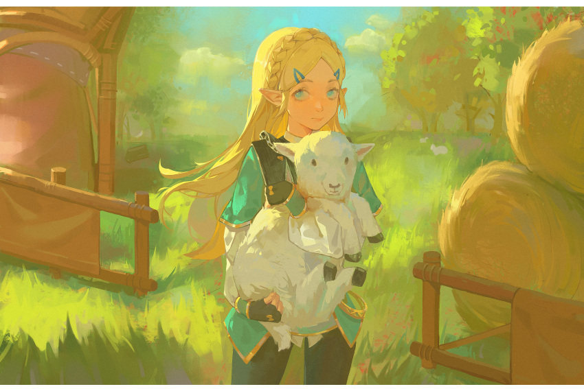 1girl absurdres animal black_pants blonde_hair blue_eyes blue_tunic braid crown_braid fingerless_gloves gloves goat hair_ornament hairclip hay highres holding holding_animal long_hair pants pixiv16429474 pointy_ears princess_zelda the_legend_of_zelda the_legend_of_zelda:_breath_of_the_wild