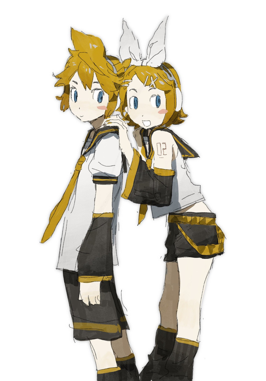 1boy 1girl black_sailor_collar black_shorts black_socks blonde_hair blue_eyes blush_stickers bow closed_mouth detached_sleeves dot_nose feet_out_of_frame from_side hair_bow hair_ornament hairclip hands_on_another's_shoulders headphones highres kagamine_len kagamine_rin leg_warmers light_smile looking_back ma_fu neckerchief necktie number_tattoo open_mouth puffy_short_sleeves puffy_sleeves raised_eyebrows sailor_collar shirt short_hair short_shorts short_sleeves shorts shoulder_tattoo siblings sideways_glance sleeveless sleeveless_shirt smile socks tattoo vocaloid white_background white_bow white_shirt x_hair_ornament yellow_neckerchief yellow_necktie