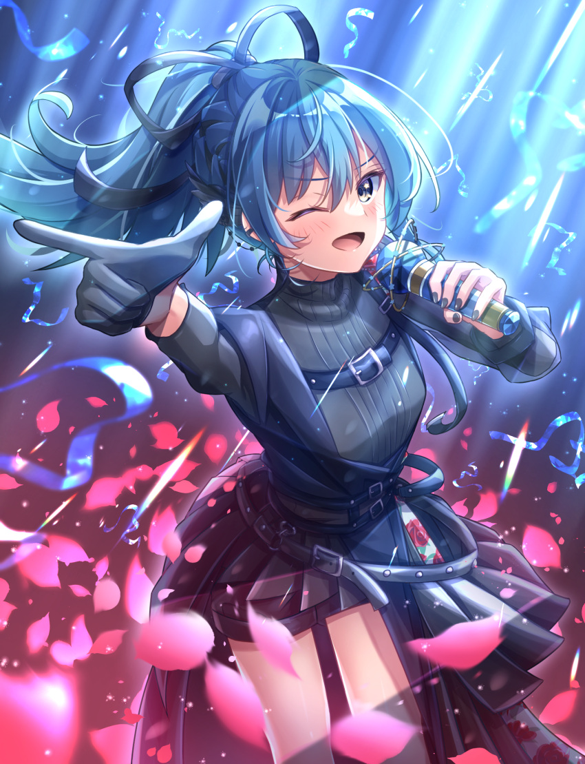 1girl ;d belt black_belt black_gloves black_nails black_skirt blue_eyes blue_hair blush chest_belt confetti cowboy fingernails gloves hair_between_eyes hair_ribbon highres holding holding_microphone hololive hoshimachi_suisei light_rays long_hair long_sleeves looking_at_viewer microphone multiple_belts official_alternate_costume official_alternate_hairstyle one_eye_closed open_mouth outstretched_arm overskirt petals pointing ponytail ribbon single_glove skirt smile solo standing star_(symbol) star_in_eye suzugame_lost symbol_in_eye turtleneck virtual_youtuber
