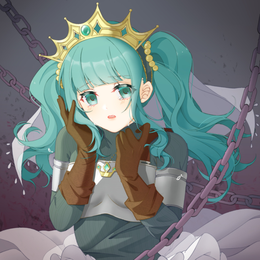 1girl aqua_gemstone aqua_hair aqua_sweater armor beads blunt_bangs blush breastplate brown_gloves chain crown crying dot_nose fold-over_gloves futaba_sana gloves grey_background hair_beads hair_ornament hair_scrunchie hands_on_own_face hands_up highres jewelry jiumenglengcp long_sleeves looking_at_viewer magia_record:_mahou_shoujo_madoka_magica_gaiden magical_girl mahou_shoujo_madoka_magica medium_hair necklace parted_lips scrunchie sidelocks skirt solo sweater turtleneck turtleneck_sweater twintails upper_body veil wavy_hair white_skirt