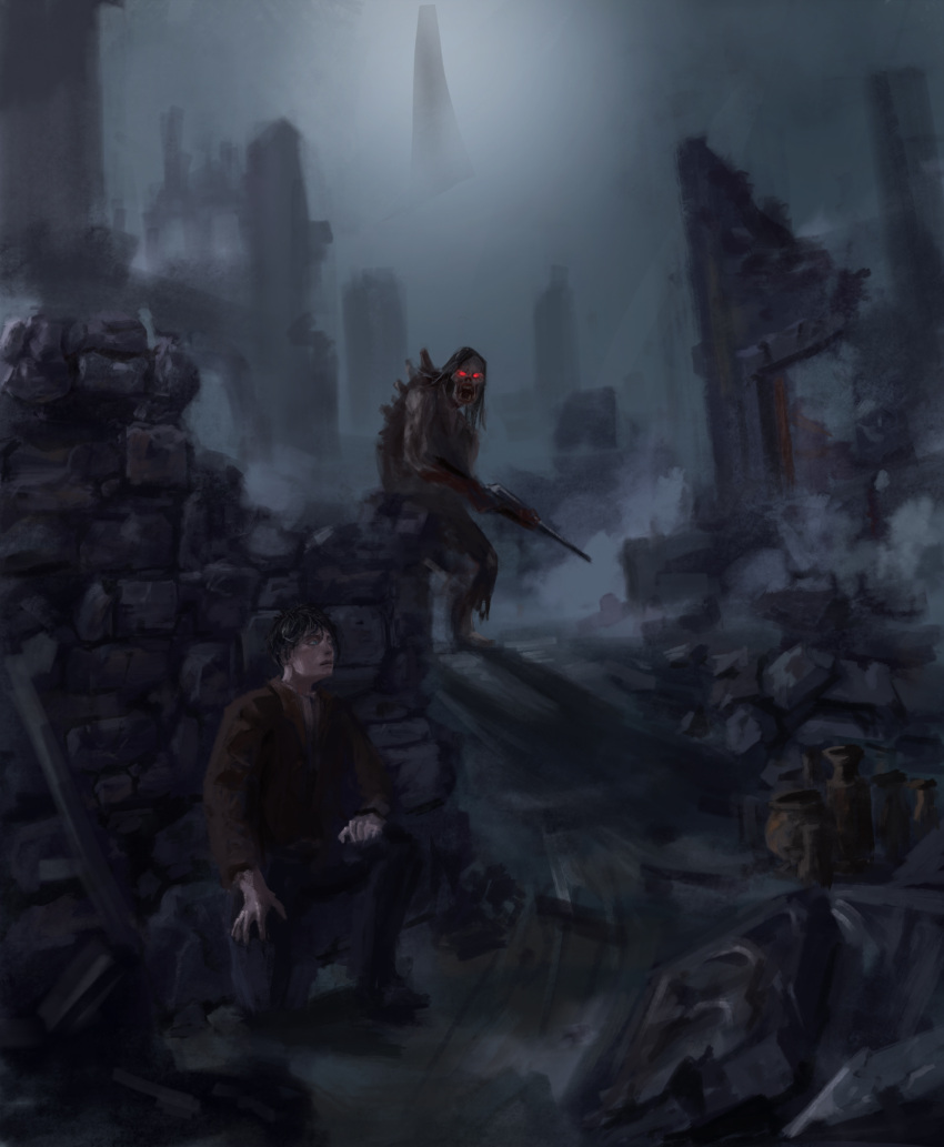 2boys absurdres black_footwear black_pants blue_eyes brown_jacket chinese_commentary circle_of_inevitability commentary_request dark fangs fog glowing glowing_eyes gun highres holding holding_weapon jacket kneeling lord_of_the_mysteries lumian_lee multiple_boys mutant outdoors pants red_eyes rifle ruins shadow stone_wall vase wall weapon