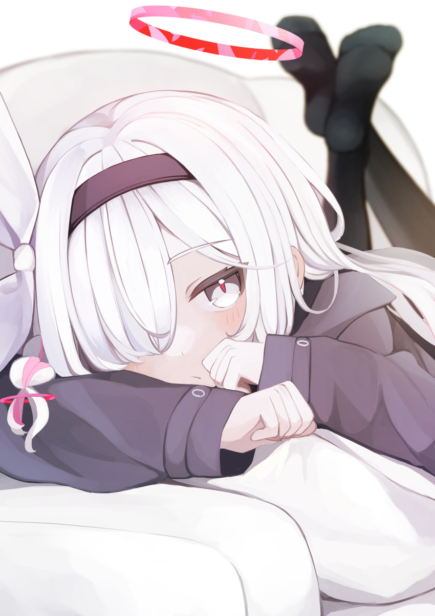 1girl :/ a.r.o.n.a_(blue_archive) absurdres black_hairband black_pantyhose blue_archive blush bow braid clenched_hands coat couch feet grey_coat grey_eyes hair_over_one_eye hairband halo head_rest highres holding holding_pillow light_blush long_hair long_sleeves looking_at_viewer lying on_couch on_stomach pantyhose pillow pink_halo red_pupils rotroto single_braid solo swept_bangs the_pose white_background white_bow white_hair