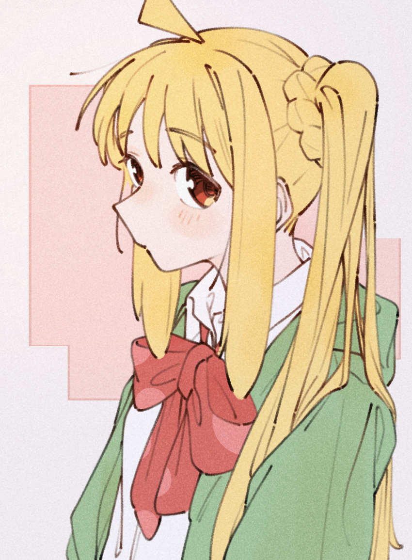 1girl ahoge blonde_hair blush bocchi_the_rock! bow bowtie brown_eyes closed_mouth collared_shirt dress_shirt film_grain from_side green_jacket grey_background hair_flowing_over highres hood hood_down hooded_jacket ijichi_nijika jacket long_hair long_sleeves looking_at_viewer muted_color nasuna_(hotjiji_0371) open_clothes open_jacket pink_background red_bow red_bowtie school_uniform shimokitazawa_high_school_uniform shirt side_ponytail sidelocks solo straight_hair two-tone_background upper_body white_shirt wing_collar