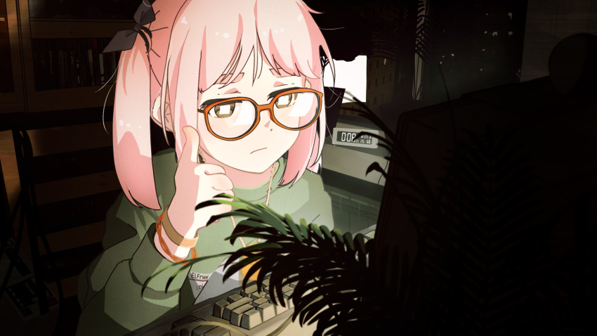 1girl black_ribbon bracelet clock closed_mouth digital_clock glasses green_shirt hair_ribbon highres indoors jewelry keyboard_(computer) long_hair long_sleeves necklace original pink_hair plant red-framed_eyewear ribbon russian_commentary servachok shirt solo thumbs_up twintails upper_body