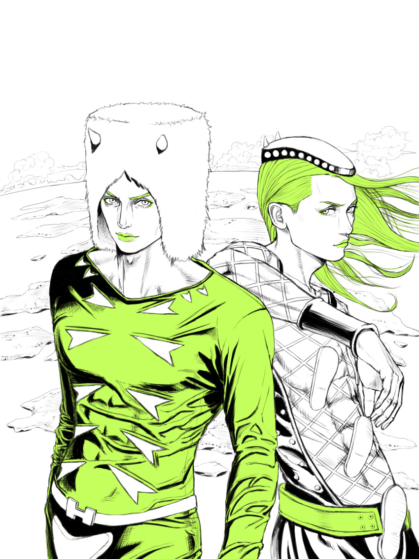 2boys bodysuit clouds cloudy_sky codpiece fake_horns fishnet_top fishnets fur_hat green_lips hat highres horned_hat horns jojo_no_kimyou_na_bouken keiimajima02 monochrome multiple_boys narciso_anasui partially_colored shoulder_rest sky stone_ocean tight weather_report wristband