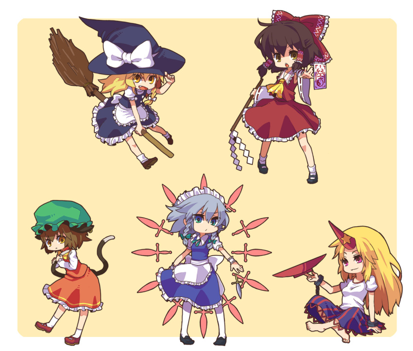 5girls alcohol animal_ears apron ascot barefoot black_footwear blonde_hair blue_dress blue_eyes bow bowtie braid broom broom_riding brown_footwear brown_hair cat_ears cat_tail chen chibi cuffs cup detached_sleeves dress earrings fang frilled_bow frilled_dress frills gohei green_bow green_headwear grey_hair hair_bow hair_tubes hakurei_reimu hat hat_bow horns hoshiguma_yuugi izayoi_sakuya jewelry k0580t kirisame_marisa knife long_hair long_sleeves maid maid_headdress mary_janes mob_cap multiple_girls multiple_tails nekomata oni open_mouth pink_eyes red_bow red_dress red_footwear red_horns red_skirt ribbon sakazuki sake shackles shoes short_hair side_braid single_braid single_earring single_horn skirt skirt_set smile socks star_(symbol) striped striped_skirt tail teeth touhou twin_braids two_tails upper_teeth_only waist_apron white_apron white_bow white_socks wide_sleeves witch_hat yellow_ascot yellow_bow yellow_bowtie yellow_eyes yin_yang