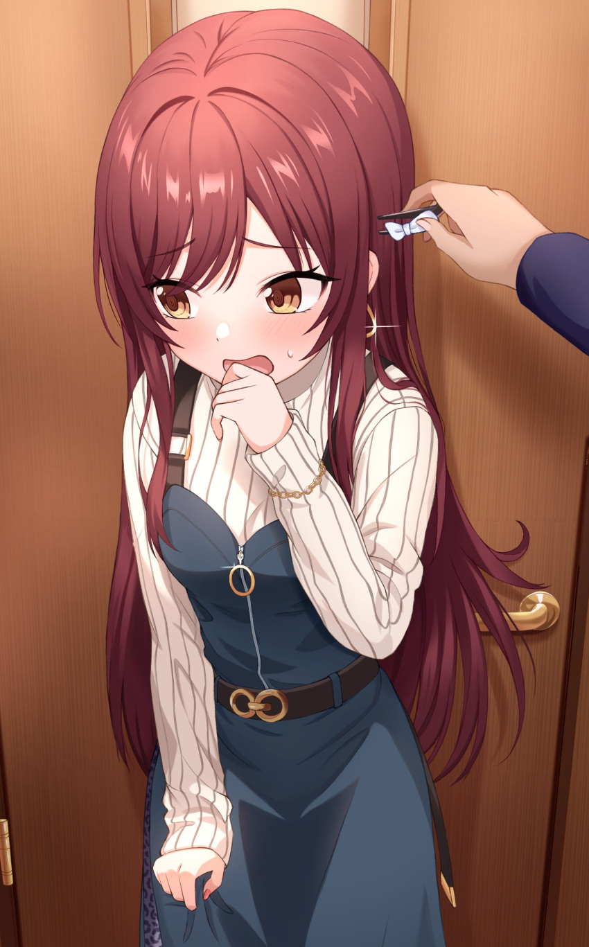 1boy 1girl absurdres blue_dress blush dress dress_grab earrings embarrassed hair_ornament hairclip hand_to_own_mouth highres idolmaster idolmaster_shiny_colors jewelry long_hair long_sleeves looking_away nail_polish official_alternate_costume open_mouth osaki_amana pov pov_hands redhead shirt sleeves_past_wrists solo_focus striped striped_shirt sweat swept_bangs user_wvks7835 vertical-striped_shirt vertical_stripes yellow_eyes