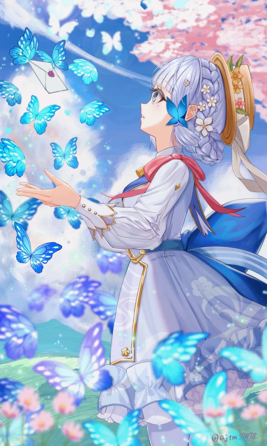 1girl absurdres ajino_(ajtm_7878) artist_name back_bow blue_bow blue_eyes blue_hair blue_sky blunt_bangs blunt_tresses bow braid bug butterfly butterfly_hair_ornament cherry_blossoms clouds commentary_request dress flower from_side genshin_impact hair_flower hair_ornament hat hat_flower hat_ribbon highres kamisato_ayaka kamisato_ayaka_(springbloom_missive) letter light_blue_hair long_sleeves looking_away mole mole_under_eye official_alternate_costume official_alternate_hairstyle parted_lips puffy_long_sleeves puffy_sleeves ribbon sky solo white_dress white_ribbon