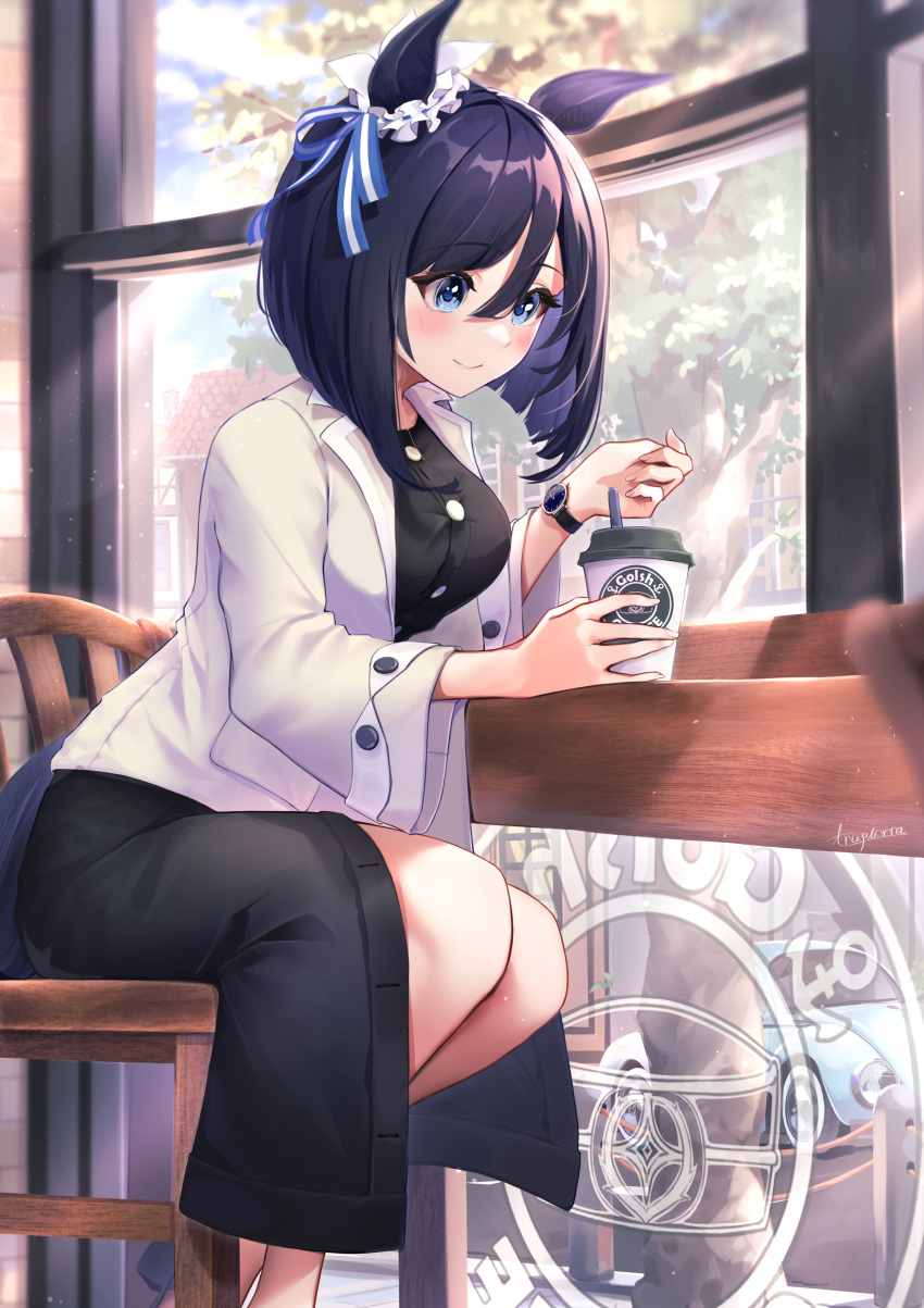 1girl absurdres animal_ears black_hair black_shirt black_skirt blue_eyes blue_sky bob_cut breasts cafe car chair city closed_mouth clouds cloudy_sky coffee_cup commentary cup disposable_cup eishin_flash_(umamusume) hair_ornament hamanashi_(trapiorra) highres holding holding_cup horse_ears horse_girl horse_tail indoors jacket large_breasts motor_vehicle shirt short_hair sitting skirt sky smile solo symbol-only_commentary table tail tree umamusume watch watch white_jacket window