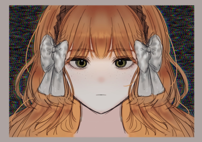 1girl brown_hairband closed_mouth commentary_request expressionless freckles green_eyes hair_ribbon hairband highres ishmael_(limbus_company) johan_00 korean_commentary limbus_company long_hair looking_at_viewer orange_hair portrait project_moon ribbon sketch solo white_ribbon