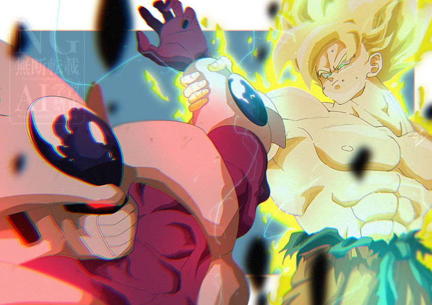 2boys aura blonde_hair colored_skin cooler_(dragon_ball) debris dragon_ball dragon_ball_z electricity green_eyes highres holding_another's_wrist male_focus medium_hair multiple_boys muscular muscular_male purple_skin simple_background son_goku spiky_hair stktik09060906 super_saiyan super_saiyan_1 topless_male