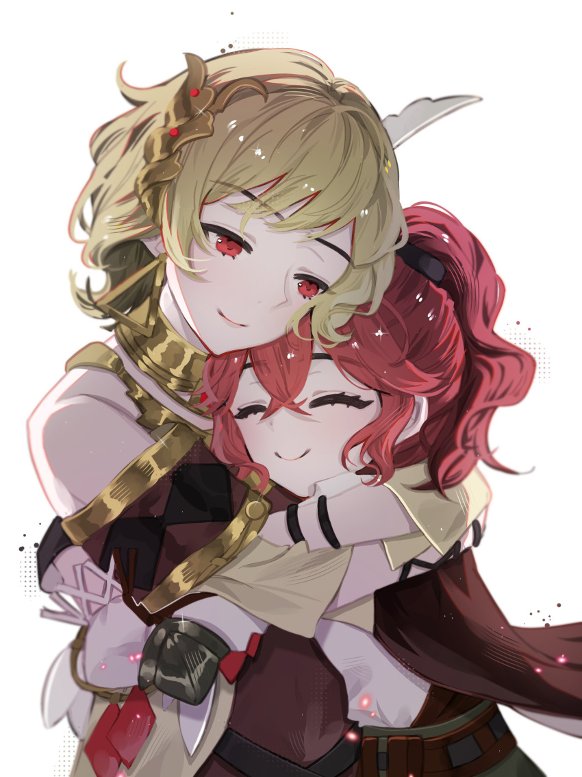 2girls absurdres anna_(fire_emblem) bare_shoulders blonde_hair citrinne_(fire_emblem) closed_eyes crossed_bangs fire_emblem fire_emblem_engage gold_trim hair_tie high_ponytail highres hug looking_at_another mariirasuto7 multiple_girls red_eyes redhead short_hair smile white_background wing_hair_ornament