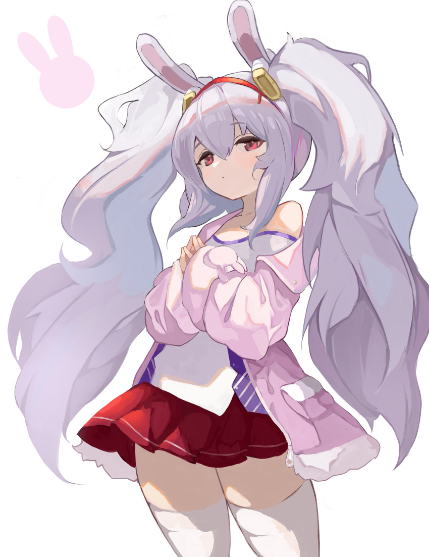 1girl absurdres animal_ears azur_lane closed_mouth collarbone dot_mouth fake_animal_ears hair_between_eyes hairband highres jacket kesseil laffey_(azur_lane) light_purple_hair long_hair looking_at_viewer off-shoulder_jacket off_shoulder open_clothes open_jacket own_hands_together pink_jacket pleated_skirt rabbit_ears red_eyes red_hairband red_skirt shirt sidelocks skirt solo standing steepled_fingers thigh-highs twintails upper_body very_long_hair white_shirt white_thighhighs
