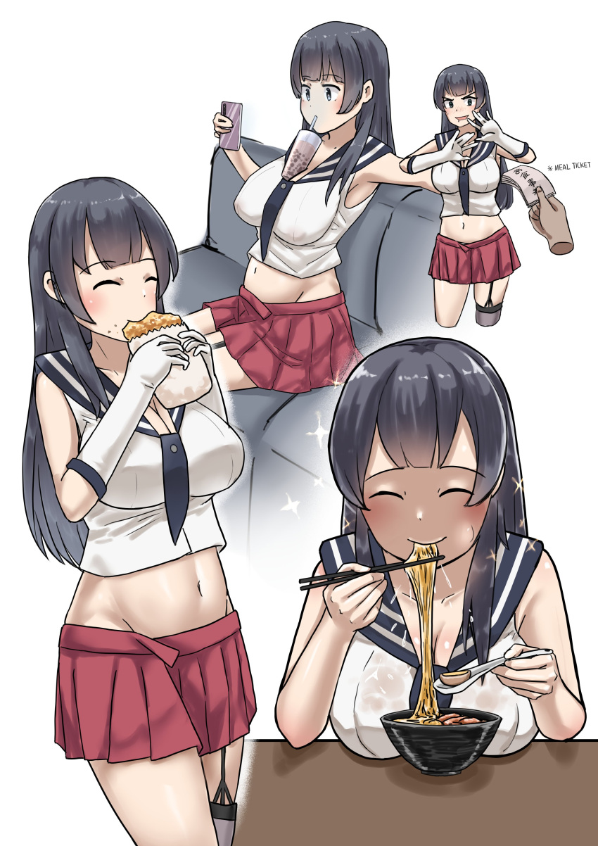 absurdres agano_(kancolle) black_hair breast_rest breasts breasts_on_table bubble_tea_challenge cellphone chopsticks closed_eyes couch eating food garylin gloves highres holding holding_chopsticks holding_food holding_spoon kantai_collection long_hair navel noodles phone pleated_skirt simple_background single_thighhigh skirt smartphone spoon thigh-highs white_gloves
