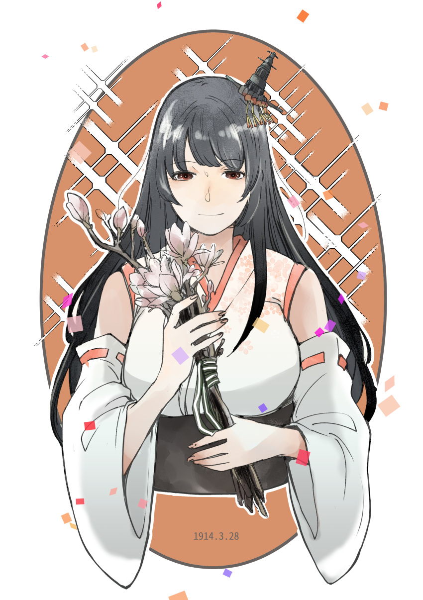 1girl 2_(f211m289) absurdres black_hair bouquet breasts commentary_request cropped_torso detached_sleeves fusou_(kancolle) hair_ornament headgear highres holding kantai_collection large_breasts long_hair looking_at_viewer red_eyes solo straight-on
