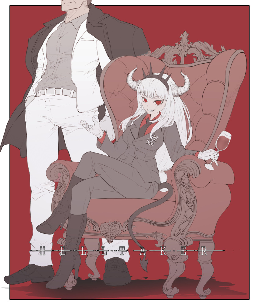 1boy 1girl absurdres belt black_footwear black_jacket black_necktie chunhyang25 crossed_legs crown cup demon demon_girl demon_horns demon_tail drinking_glass evil_smile gloves helltaker helltaker_(character) highres holding holding_cup horns jacket jacket_on_shoulders lucifer_(helltaker) mole mole_under_eye necktie office_lady open_clothes open_jacket pants red_background red_eyes red_shirt shirt sitting smile tail white_belt white_gloves white_horns white_jacket white_pants wine_glass