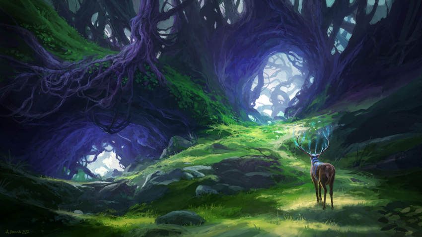 andreas_rocha animal artist_name deer forest grass highres nature no_humans original outdoors tree watermark