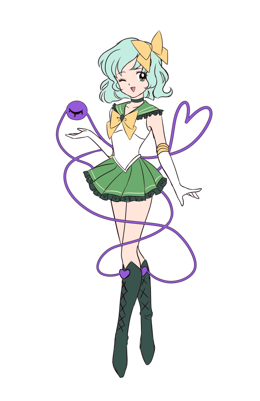 1girl :d bishoujo_senshi_sailor_moon boots bow bowtie chocorune1 cosplay full_body gloves green_eyes green_footwear green_hair green_serafuku green_skirt hair_bow highres komeiji_koishi looking_at_viewer one_eye_closed open_mouth sailor_moon sailor_moon_(cosplay) school_uniform serafuku shirt short_hair simple_background skirt sleeveless sleeveless_shirt smile solo touhou white_background white_gloves white_shirt yellow_bow yellow_bowtie