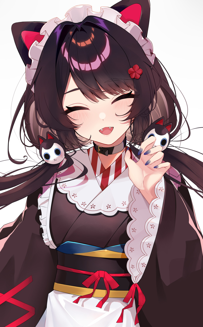 1girl absurdres animal_ears black_collar blue_nails brown_hair brown_kimono closed_eyes collar facing_viewer fangs fingernails flower hair_flower hair_ornament hand_up heterochromia highres inui_toko japanese_clothes kimono long_hair long_sleeves low_twintails maid_headdress nail_polish nijisanji obi obiage obijime open_mouth red_flower red_ribbon ribbon sash solo swept_bangs twintails upper_body virtual_youtuber wide_sleeves xiaoyu_chiaki