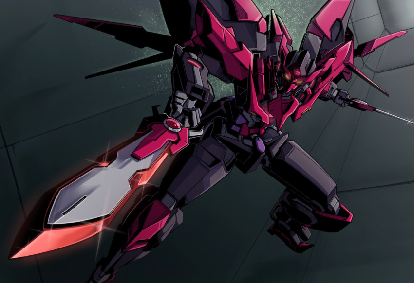 commentary dual_wielding english_commentary flying foreshortening glint glowing glowing_eyes gundam gundam_build_fighters gundam_exia_dark_matter highres holding holding_sword holding_weapon j_s123 looking_at_viewer mecha mobile_suit no_humans revision robot science_fiction solo sword weapon yellow_eyes