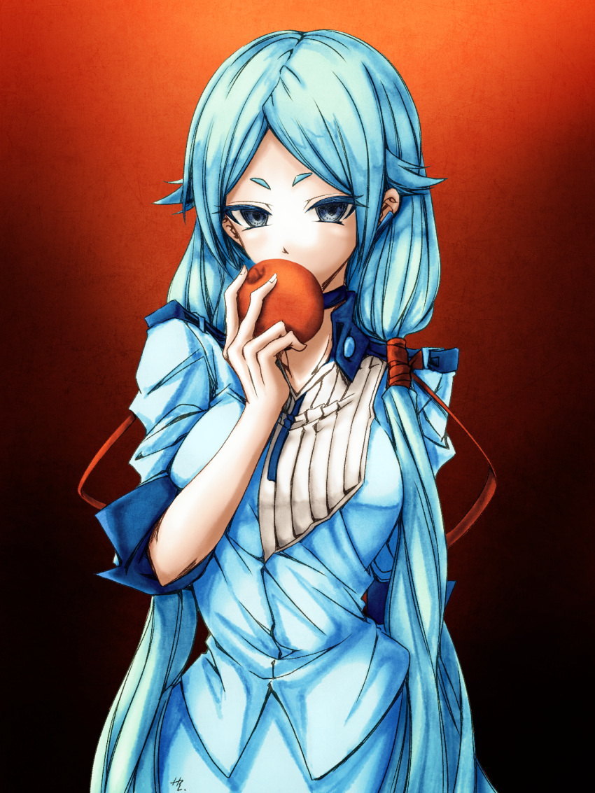 1girl blue_eyes blue_hair blue_jacket blue_skirt breasts commentary_request ear_piercing food fruit gradient_background highres holding holding_food holding_fruit jacket large_breasts long_hair low_twintails original piercing short_eyebrows signature skirt solo taka_t twintails upper_body very_long_hair