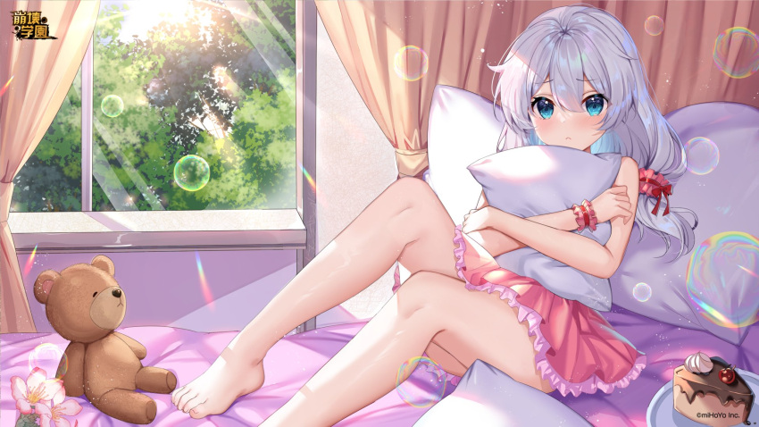1girl bare_shoulders barefoot bed bedroom benghuai_xueyuan blue_sky cake cake_slice closed_mouth curtains flower food frilled_skirt frills highres holding honkai_(series) honkai_impact_3rd indoors long_hair looking_at_viewer object_hug official_art pajamas pillow pink_flower pink_skirt plate side_ponytail sitting skirt sky solo stuffed_animal stuffed_toy teddy_bear theresa_apocalypse toes tree white_hair window