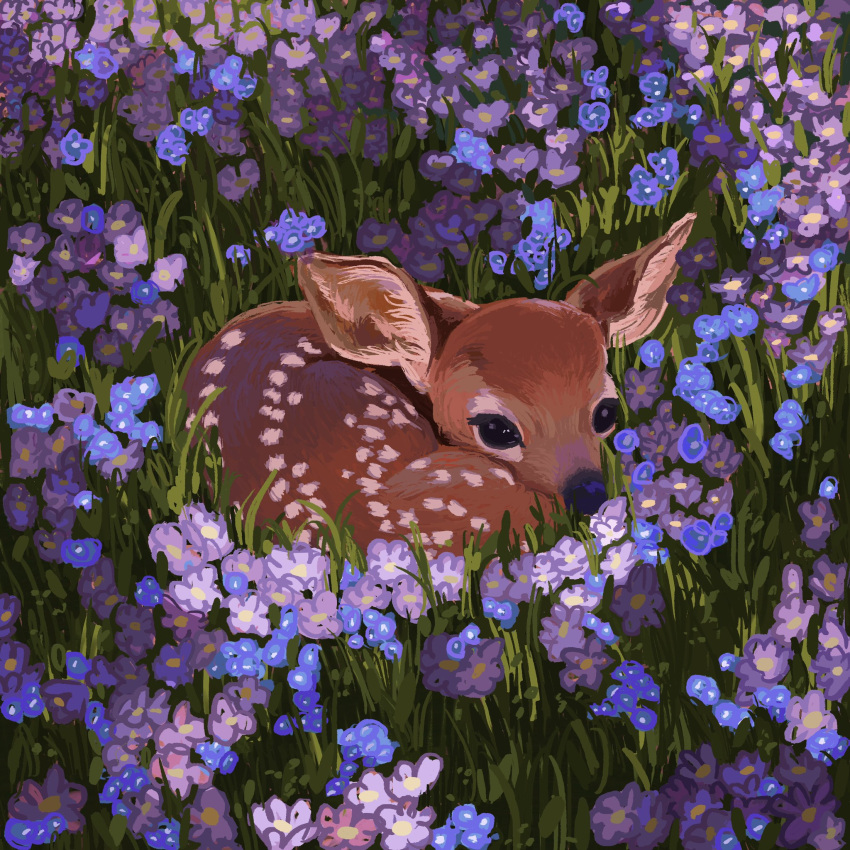 animal animal_focus blue_flower deer flower grass highres mila_(smoluglies) on_grass original purple_flower