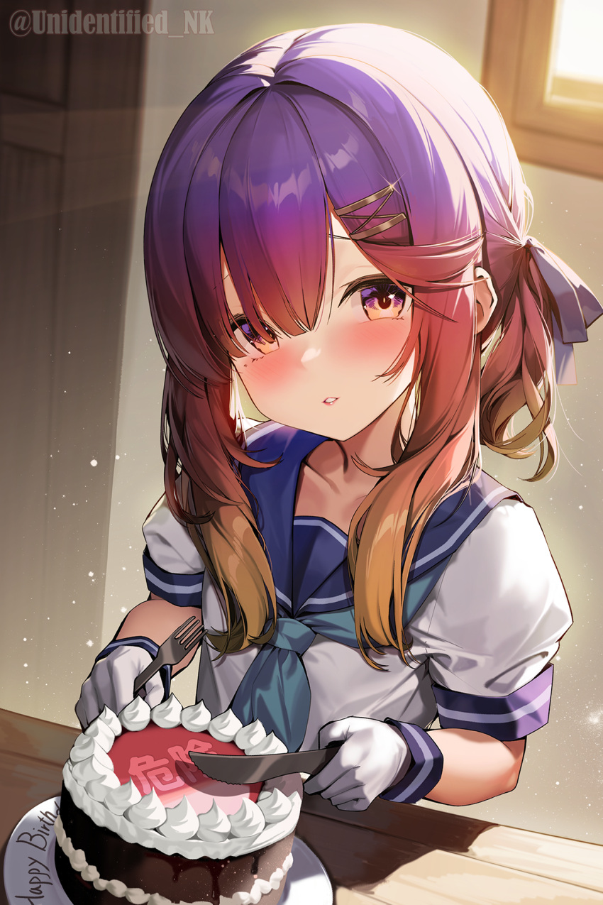 1girl birthday blue_neckerchief cake food fork gloves hair_ornament hairclip happy_birthday highres holding holding_fork holding_knife indoors kantai_collection knife looking_at_viewer multicolored_hair neckerchief plate puffy_short_sleeves puffy_sleeves purple_hair sailor_collar school_uniform serafuku short_hair short_sleeves sidelocks solo tsushima_(kancolle) unidentified_nk violet_eyes white_gloves