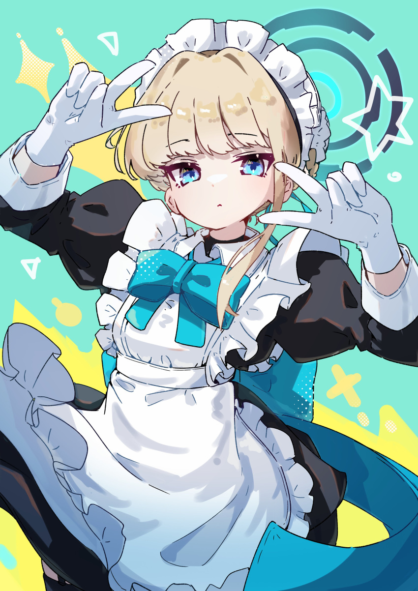 1girl absurdres apron arm_up black_dress black_thighhighs blue_archive blue_bow bow bun_cover closed_mouth collared_dress commentary_request double_v dress frilled_apron frills garter_straps gloves hair_bun halo hand_up highres juliet_sleeves long_sleeves looking_at_viewer maid maid_apron maid_headdress megateru puffy_sleeves sidelocks solo star_(symbol) teru_(teru11061) thigh-highs toki_(blue_archive) v white_apron white_gloves