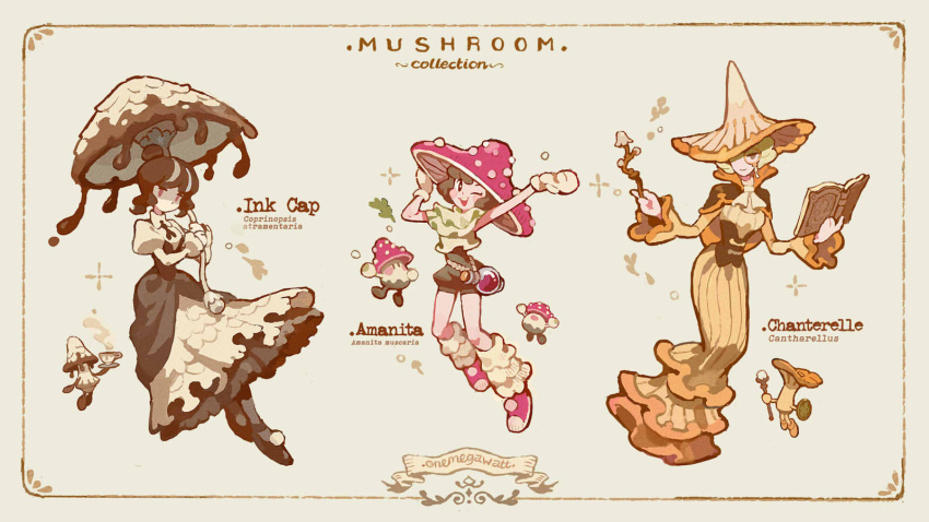 3girls blonde_hair book border brown_hair dress english_text highres holding holding_book medium_hair multiple_girls mushroom_girl mushroom_hat onemegawatt original wand